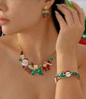 Women’s Christmas Jewelry Set with Santa & Tree Ornaments – Festive Gold Necklace, Earrings & Bracelet Set for Holiday Parties & Christmas Gifts