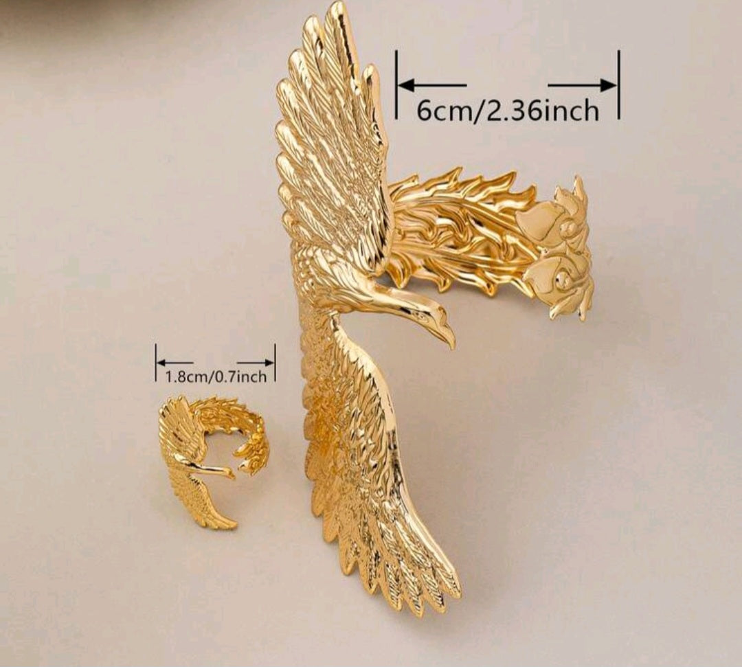 2pcs/Set Phoenix Charm Exaggerated Personalized Cuff Bracelet & Ring Set, European & American Style