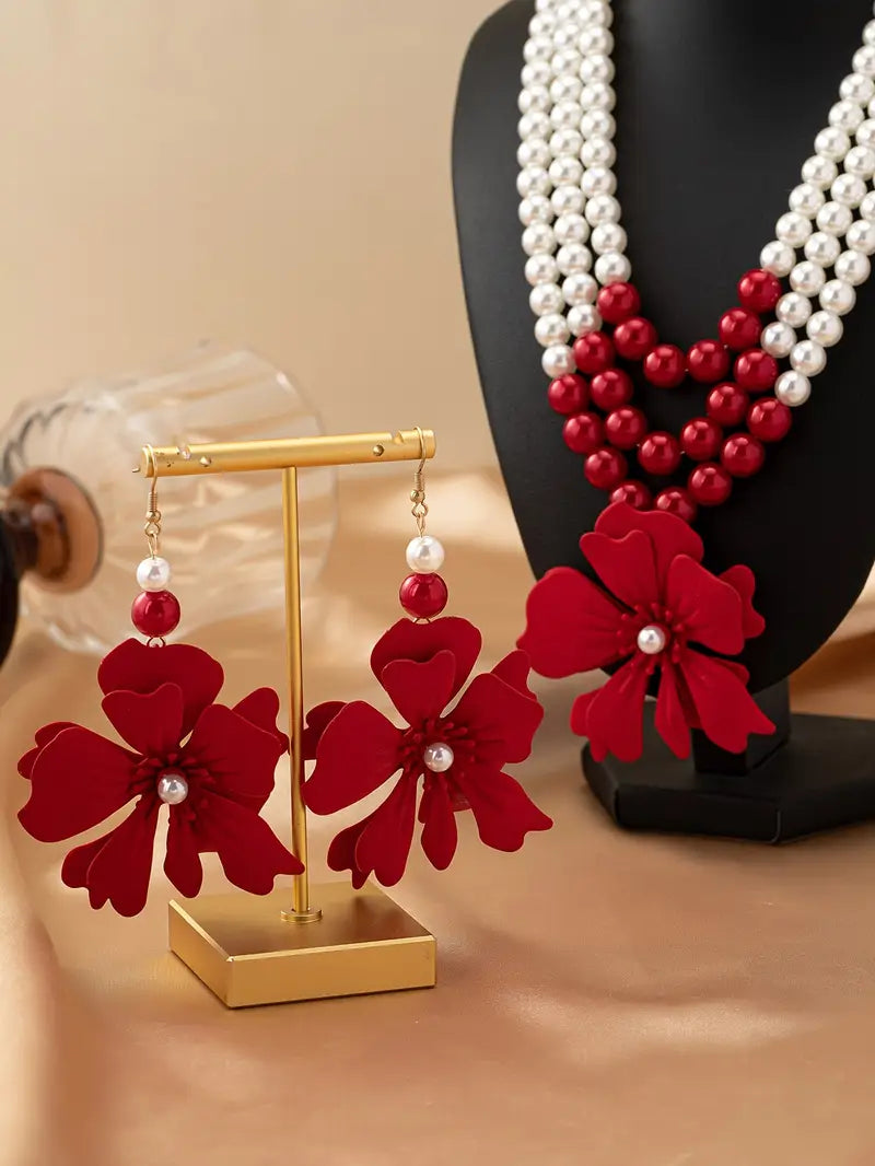 3pcs/Set Women's Jewelry Set, Red Flower 3-Layer Pearl Necklace & Earrings Set, Bohemian Vintage Elegant Fashion Accessories Suitable For Gifts, Parties, Banquets And Daily Wear