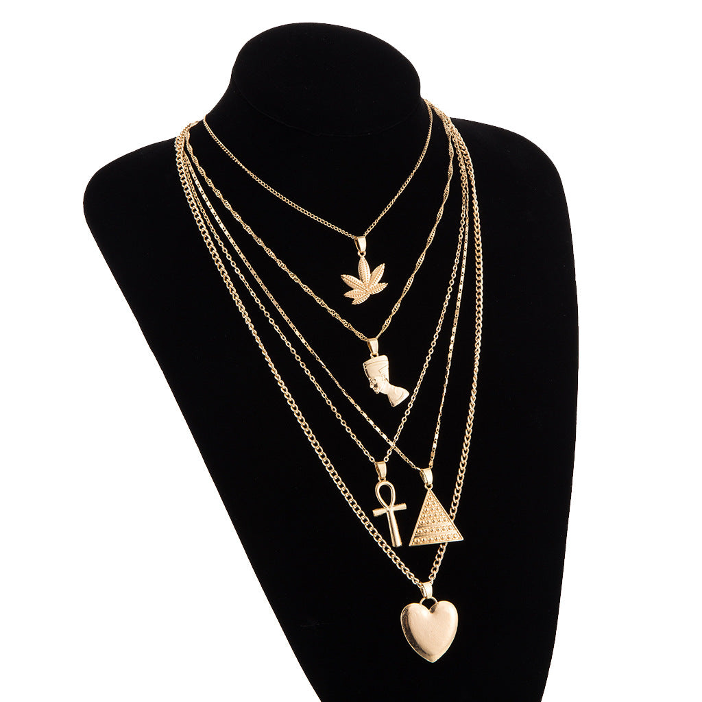 ACEDRE Boho Layered Pendant Necklace Gold Egyptian Heart Necklaces African Costume Chain Jewelry for Women