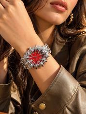 Silver-Tone Sunburst Bracelet Watch with Coral-Orange Dial