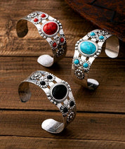 3pc Retro Western-Style Fashion Turquoise Inlaid Elliptical Geometric Bangle Bracelet For Women, Versatile & Elegant Holiday Accessory