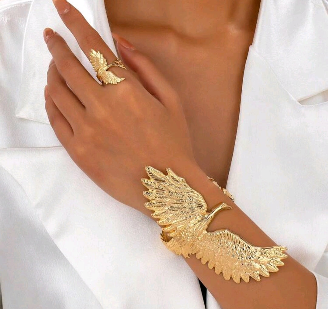 2pcs/Set Phoenix Charm Exaggerated Personalized Cuff Bracelet & Ring Set, European & American Style