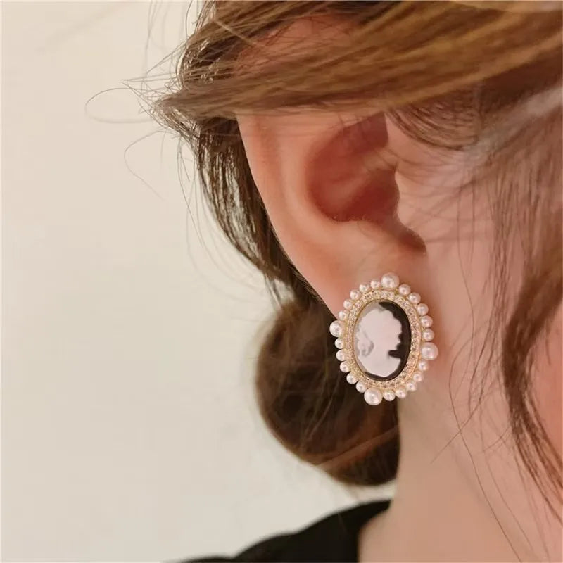 Gold Tone Cameo Stud Earrings with White Seed Pearls and Clear Crystals