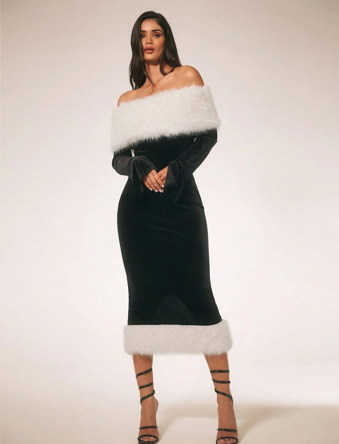 SHEIN SURIMA Women’s Furry Patchwork Long Sleeve Off-Shoulder Casual Midi Dress FFF6A