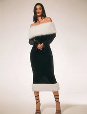 SHEIN SURIMA Women’s Furry Patchwork Long Sleeve Off-Shoulder Casual Midi Dress FFF6A