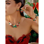 Women’s Christmas Jewelry Set with Santa & Tree Ornaments – Festive Gold Necklace, Earrings & Bracelet Set for Holiday Parties & Christmas Gifts