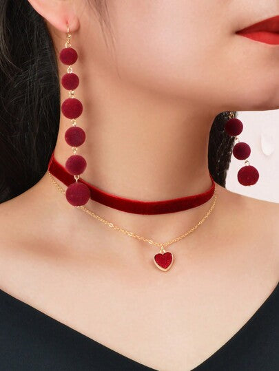 ZZ ZINFANDEL Red Choker Necklace Love Heart Velvet Choker Collar Necklace and earrings,Women`s Layered Heart Black Velvet Choker Pendant Chain for Women Teen Girls Christmas Gift
