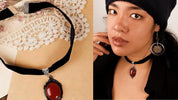 Gothic Blood Red Quartz Charm Necklace Oval Pendant Necklace For Women Halloween Vampire Embossed Witch Jewelry Vintage Chokers