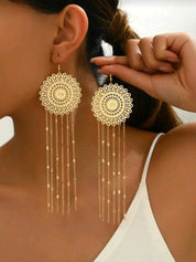 Vintage Golden Geometric Metal Dangle Earrings with Tassel Accents