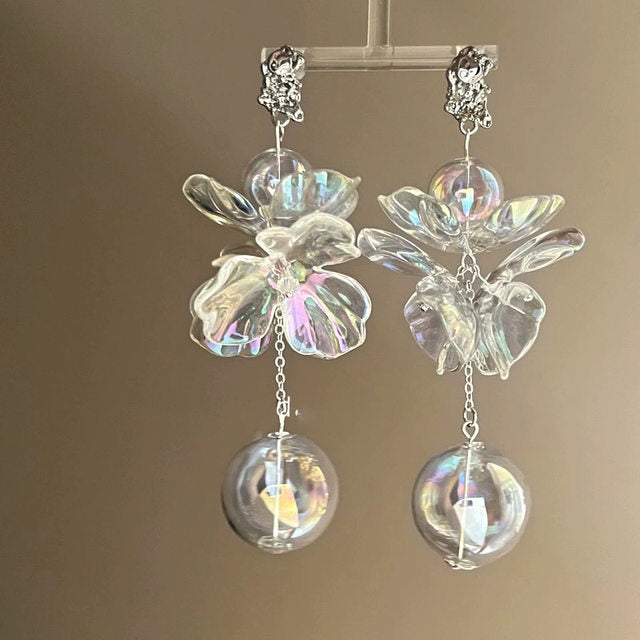 Transparent Crystal Flower Water Ball Earrings for Women, Exaggerated Long Drop Earrings, Bridal Wedding Jewelry Accessories, Christmas Gift