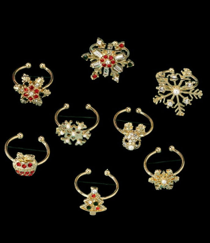 8pcs/Set Christmas Snowflake Deer Rhinestone Rings, Holiday Jewelry Gifts