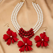 3pcs/Set Women's Jewelry Set, Red Flower 3-Layer Pearl Necklace & Earrings Set, Bohemian Vintage Elegant Fashion Accessories Suitable For Gifts, Parties, Banquets And Daily Wear