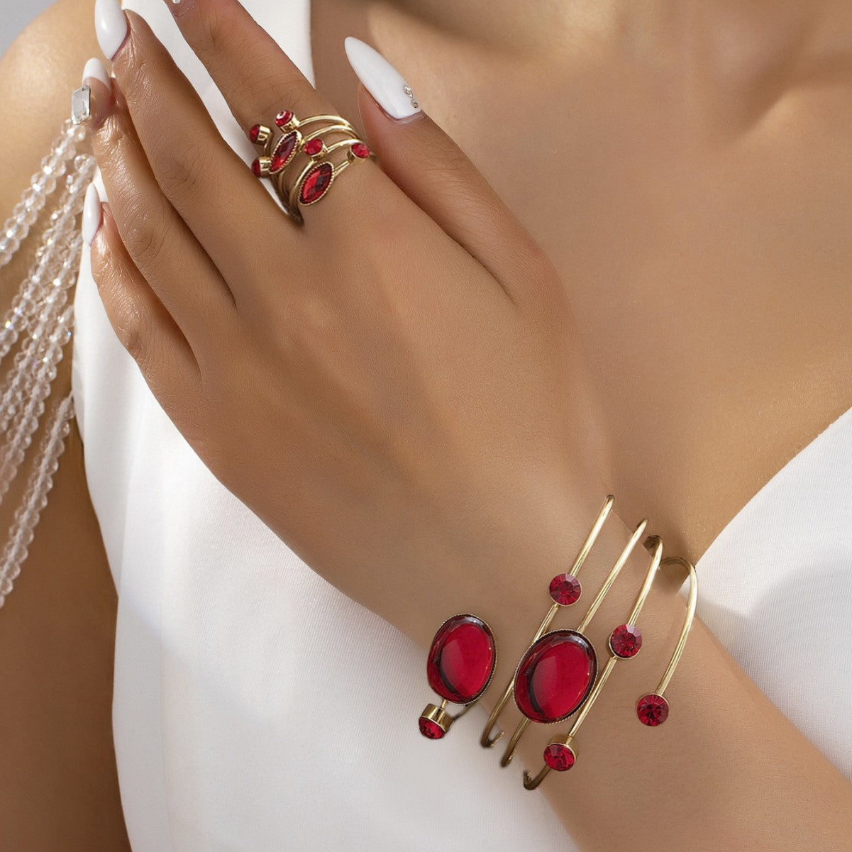 French Gemstone Rhinestone Round Line Wrapped Geometric Bracelet Ring Set Opening Adjustment