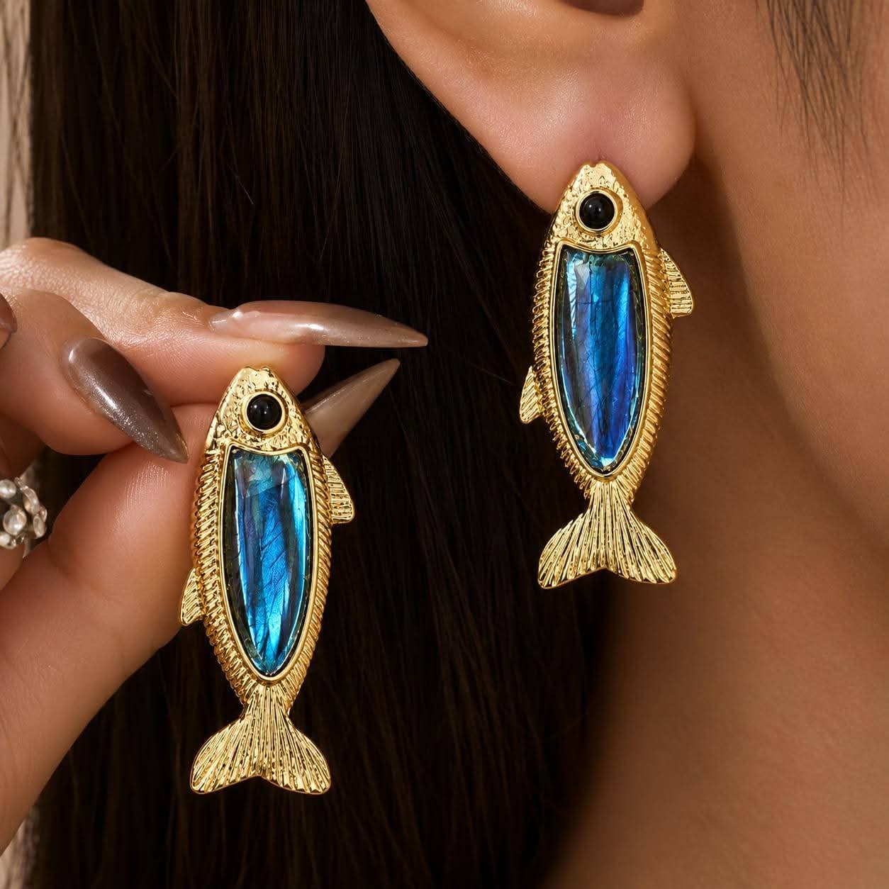 Vintage Gold Fish Drop Earrings with Iridescent Blue Inlay