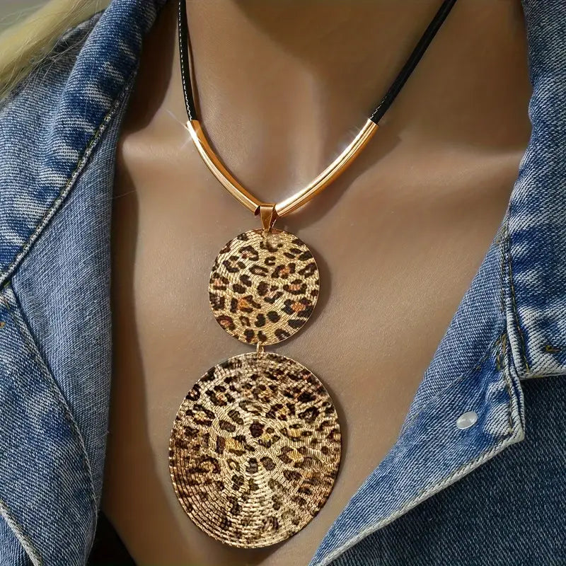Lightweight Vegan Leather Golden Leopard Cheetah Animal Print Necklace