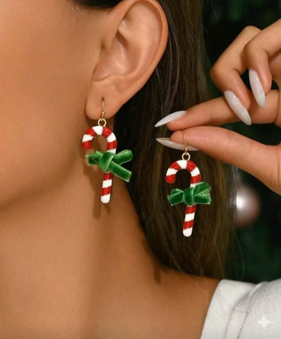 2pcs Christmas Fashion Women Earrings, Creative Santa Claus Red Candy Cane Earrings, Bow Decor Unique Niche Design Earrings, Suitable For Christmas Outfit, Perfect Christmas Jewelry Gift For Family And Friends