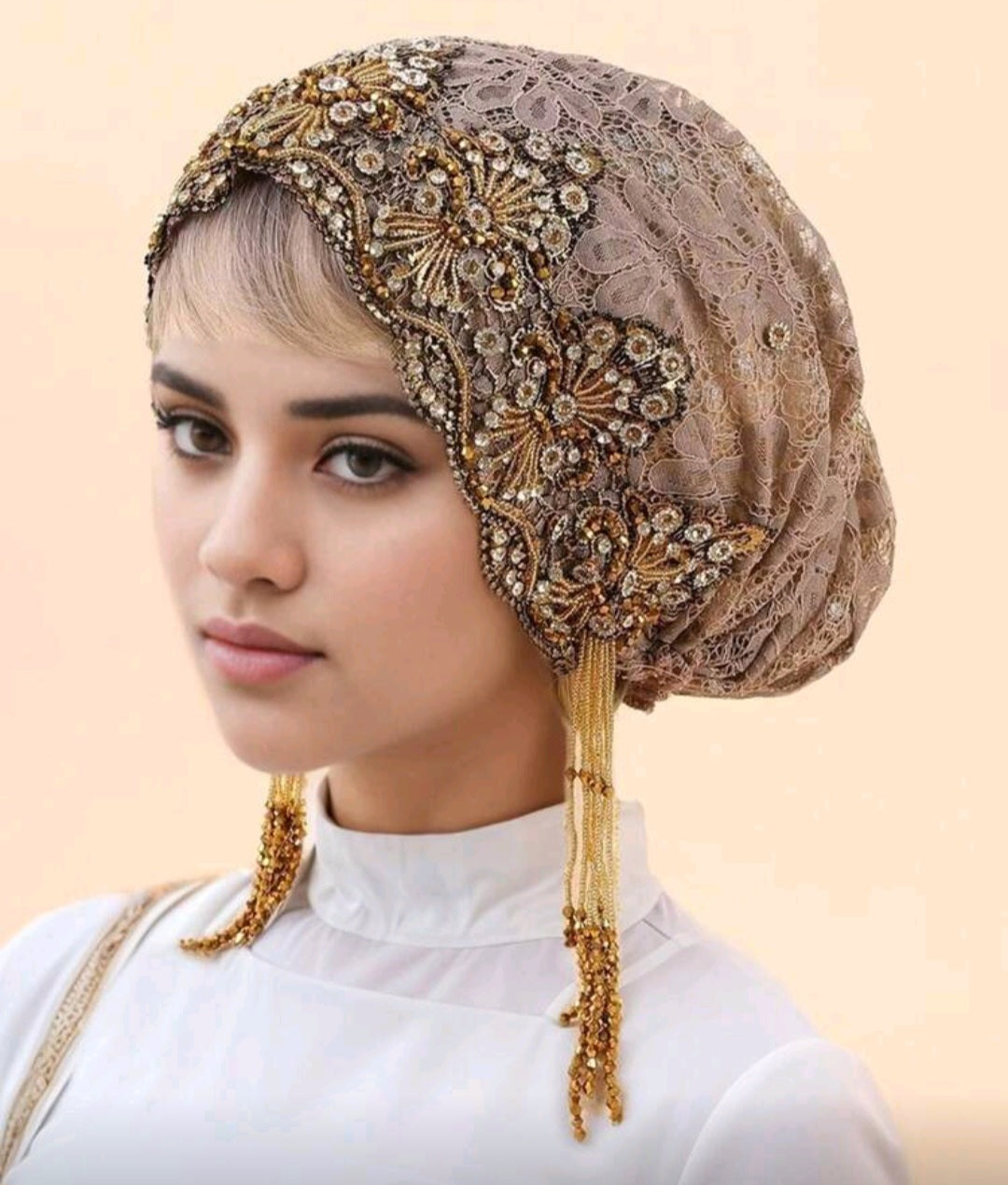 1pc Elegant Lace Beaded Muslim Head Wrap, Versatile For Daily Wear, Party & Gathering