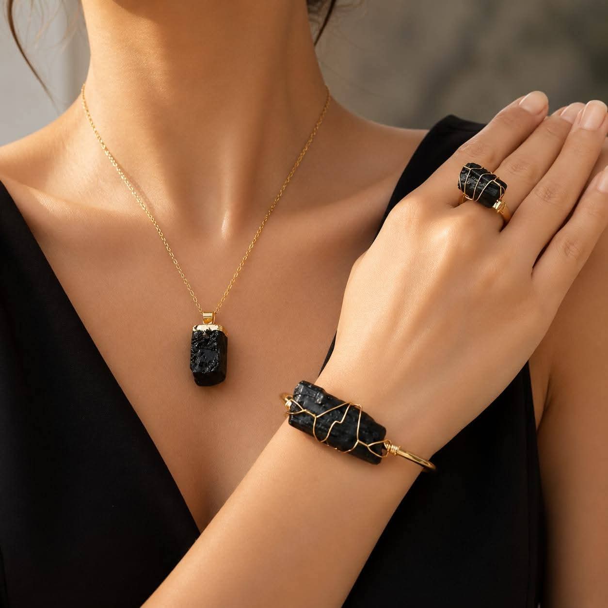 Raw Black Tourmaline Gold Wire-Wrapped Jewelry Set (Pendant, Bracelet & Ring)