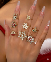 8pcs/Set Christmas Snowflake Deer Rhinestone Rings, Holiday Jewelry Gifts