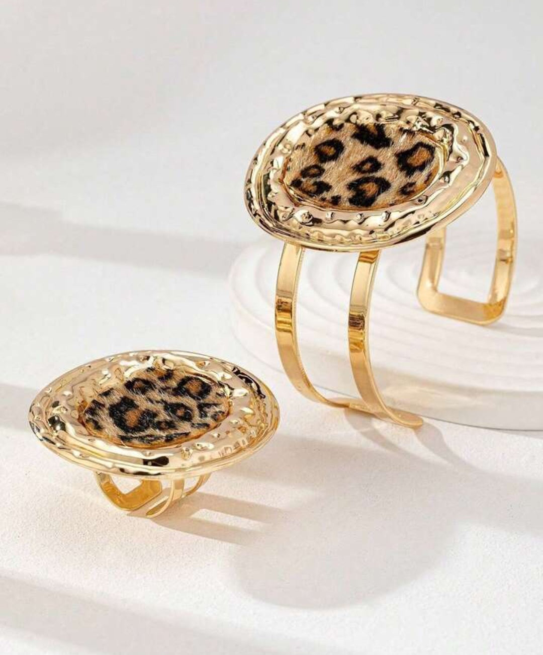 1 Set Animal Leopard Print Metal Cuff Bracelet & Personality Ring Set, Autumn Winter Leopard Jewelry for Women