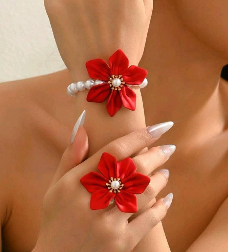 2pcs Elegant & Charming Bracelet + Ring Jewelry Set For Women, French Romantic Palace Style, Faux Pearl, 3D Red Woven Acrylic Flower Creative Design, Daily, Party, Luxury, High-End Gift Jewelry