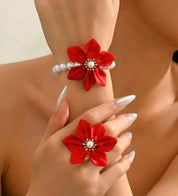 2pcs Elegant & Charming Bracelet + Ring Jewelry Set For Women, French Romantic Palace Style, Faux Pearl, 3D Red Woven Acrylic Flower Creative Design, Daily, Party, Luxury, High-End Gift Jewelry