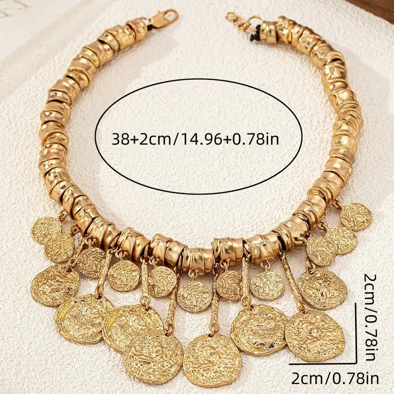 Gold  irregular uneven coin choker necklace, vintage chunky Franco statement clavicle chain for women’s jewelry