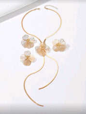 4pcs Elegant Ladies Jewelry Set: Necklace + Earrings + Ring. Fashionable Exaggerated Metallic Style, Creative Hollow Flower & Geometric Design, With Snake Chain, Y-Shape Tassel Long Necklace. Suitable For Daily Wear, Parties, Celebrations, Versatile Luxur