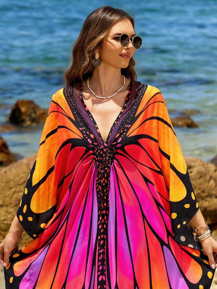 Butterfly Print Boho Maxi Kaftan Dress