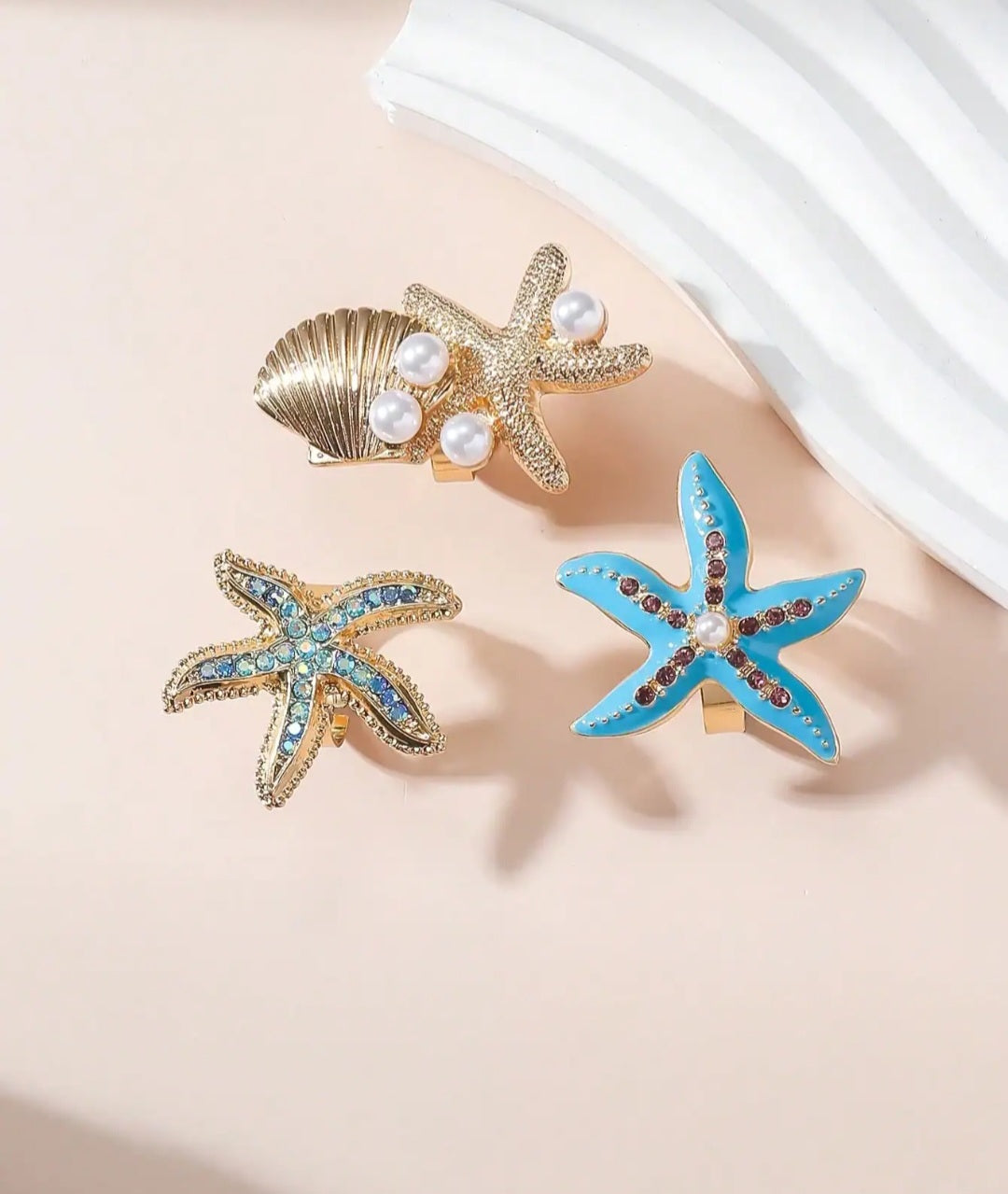 SHEIN Beach Holiday Style Shiny Rhinestone & Pearl Seashell Open Ring