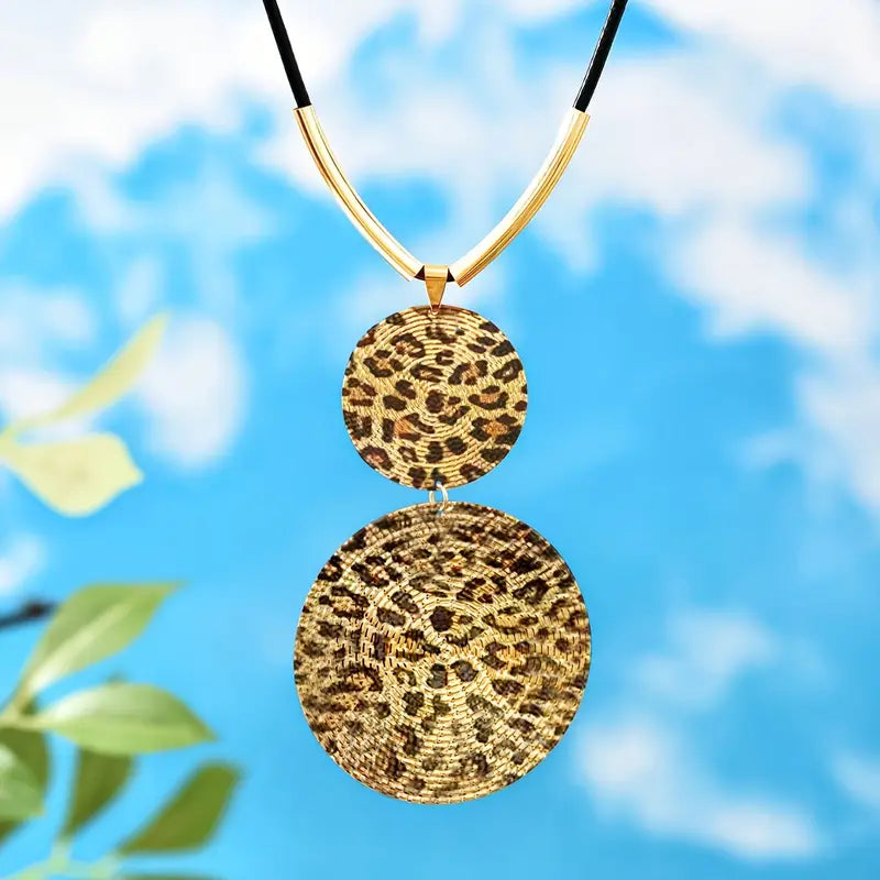 Lightweight Vegan Leather Golden Leopard Cheetah Animal Print Necklace