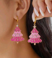 2pcs Cute Rhinestone Studded Pink Christmas Tree Pendant Earrings, Christmas Gift, Suitable For Women To Wear On Christmas, Holidays, And Parties