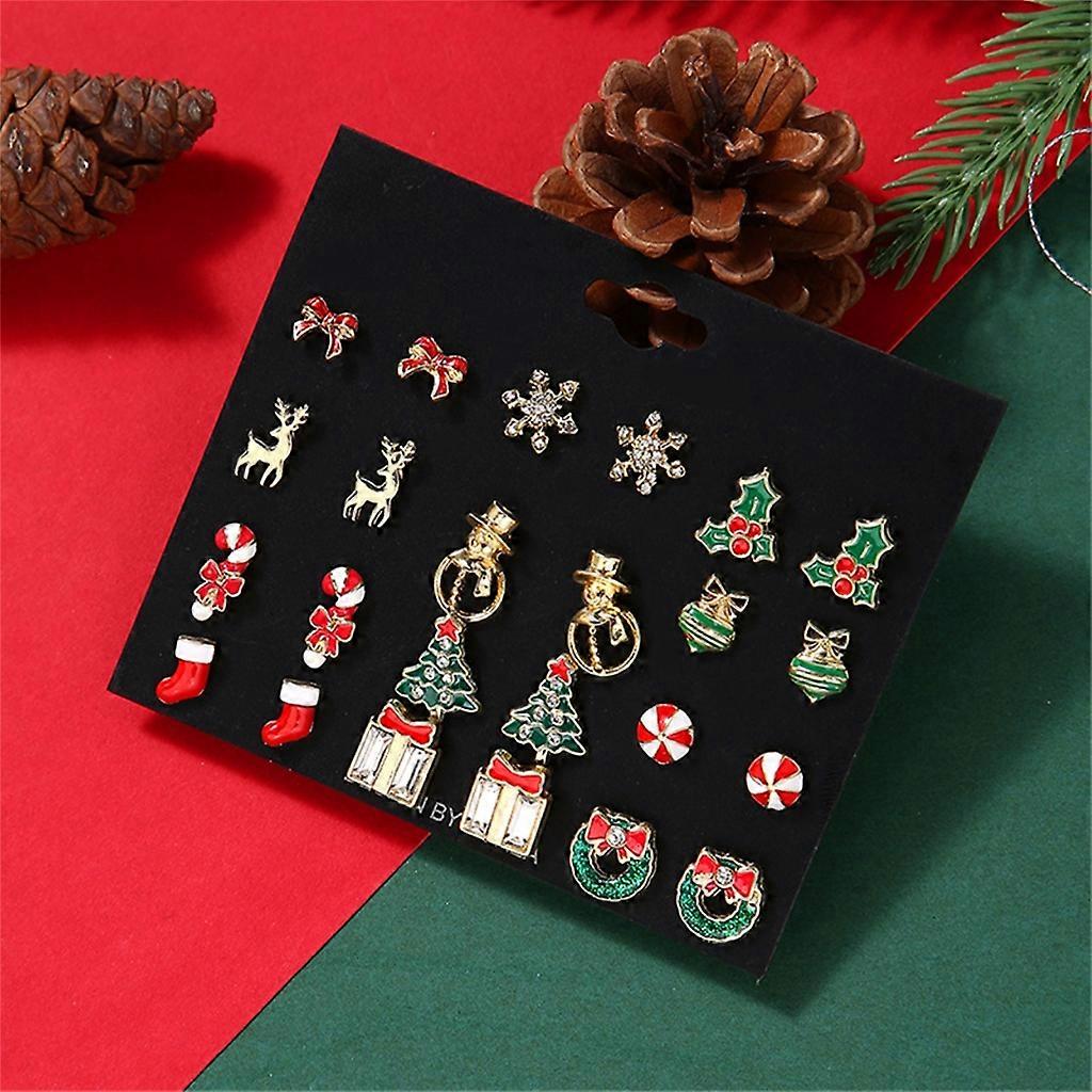 12pairs/Set Christmas Tree, Snowman, Reindeer Ear Studs Earrings Set For Women, Suitable For Christmas Party