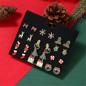 12pairs/Set Christmas Tree, Snowman, Reindeer Ear Studs Earrings Set For Women, Suitable For Christmas Party