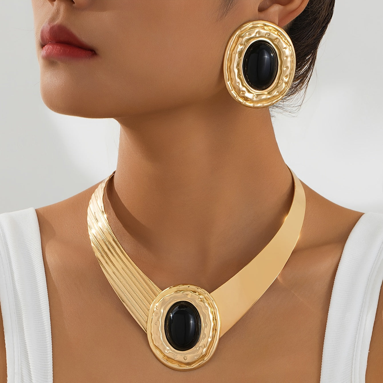 Gold Statement Jewelry Set for Women – Bold Geometric Necklace and Matching Earrings with Black Stone