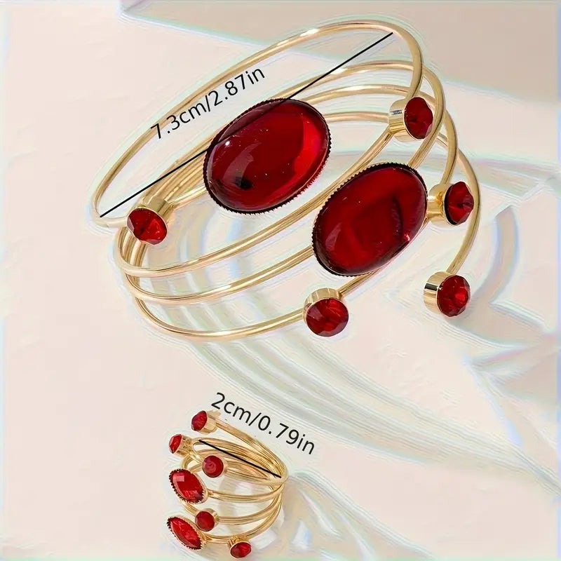 French Gemstone Rhinestone Round Line Wrapped Geometric Bracelet Ring Set Opening Adjustment