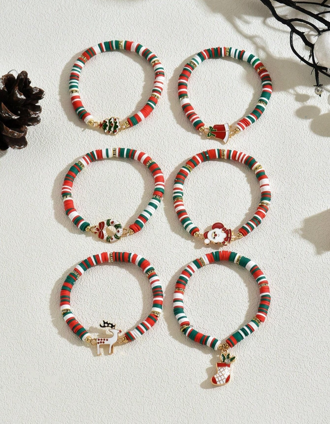 6pcs/Set Reindeer, Santa Claus, Christmas Tree Soft Ceramic Decorative Bracelet