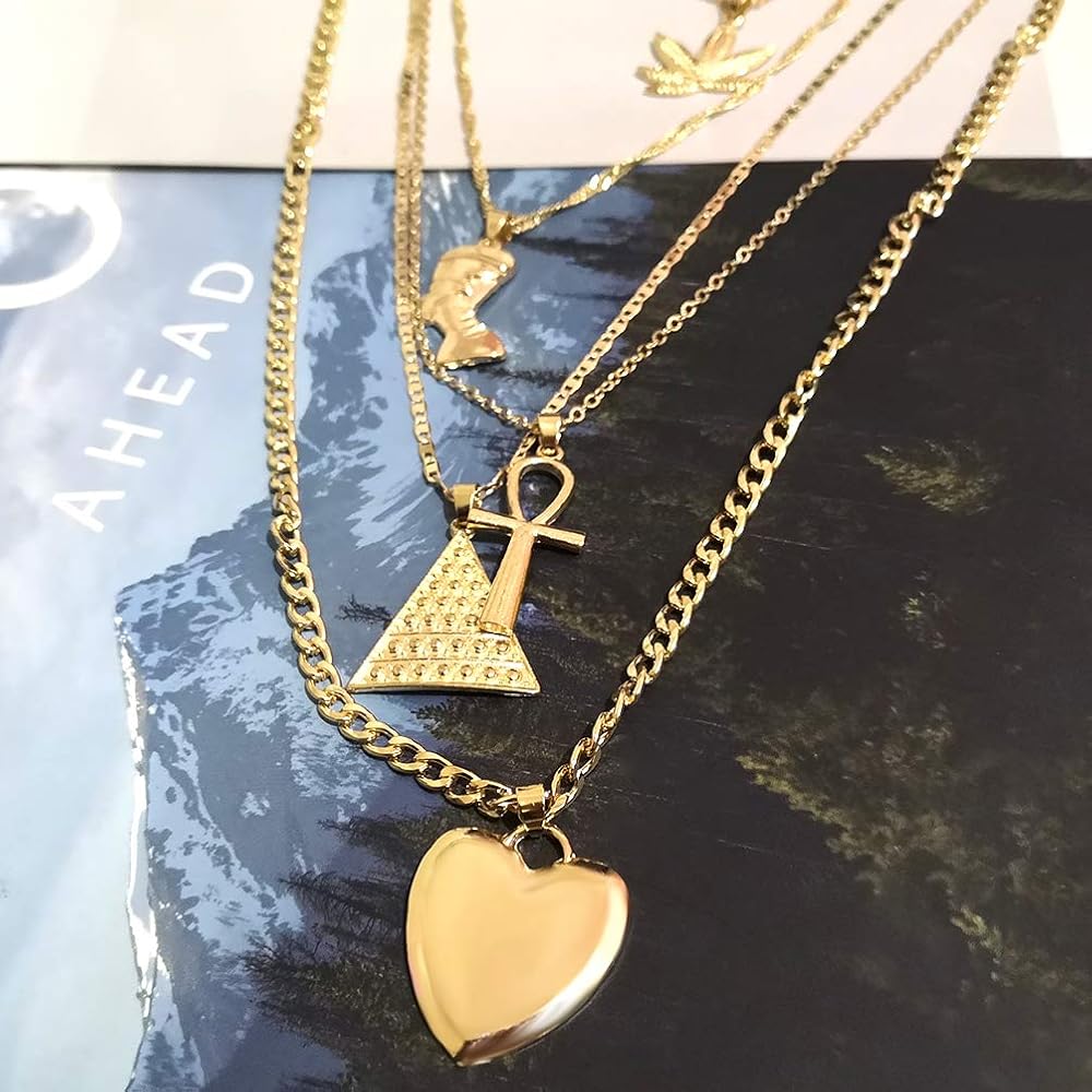ACEDRE Boho Layered Pendant Necklace Gold Egyptian Heart Necklaces African Costume Chain Jewelry for Women