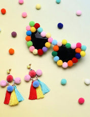 Trends2pcs Colorful Plush Ball Glasses And Earrings Set, Cute Heart-Shaped, Unique And Novel, Party And Dance Eyeglasses, Fun Eyeglasses Boho