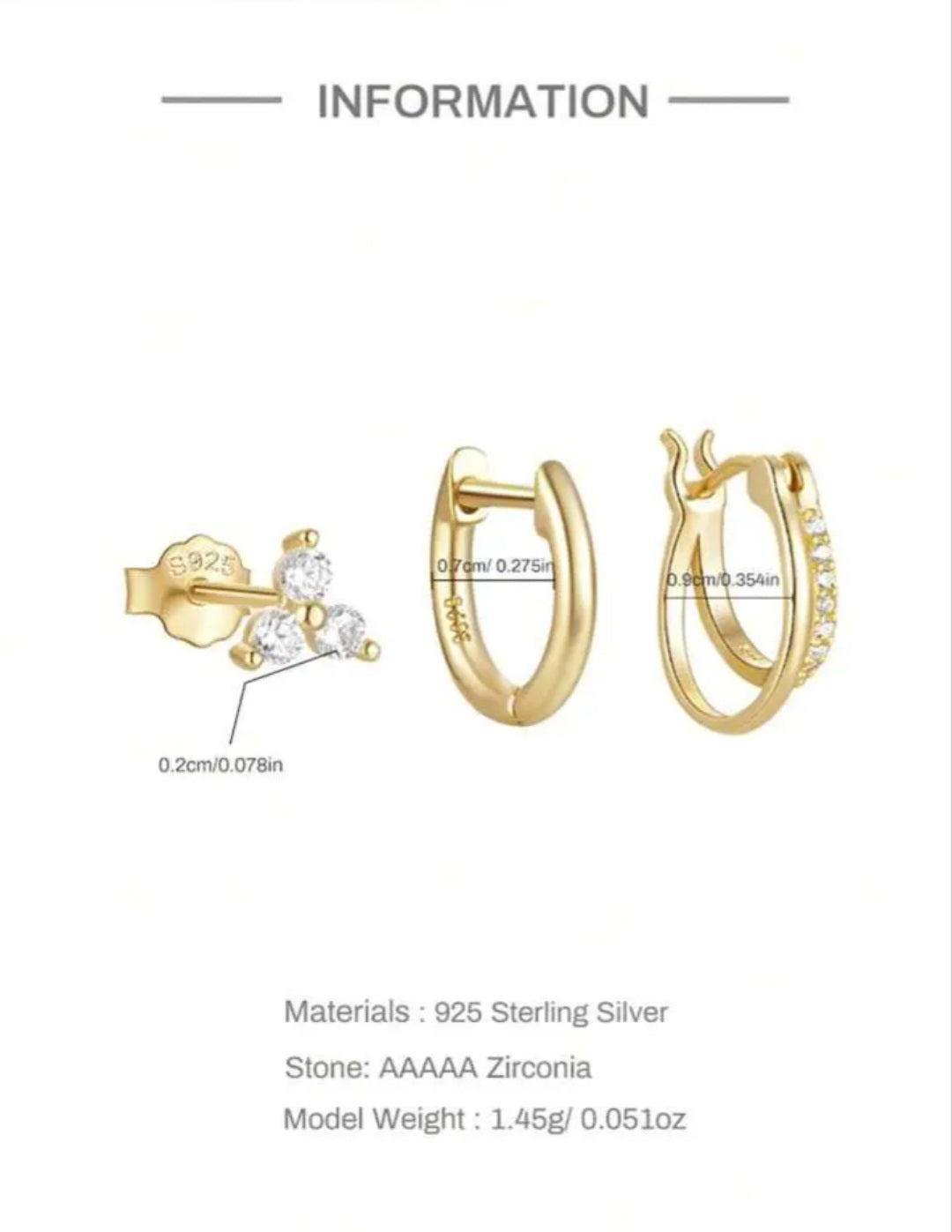 3PCS 925 Sterling Gold Fashion Cubic Zirconia Huggie Hoop Earrings
