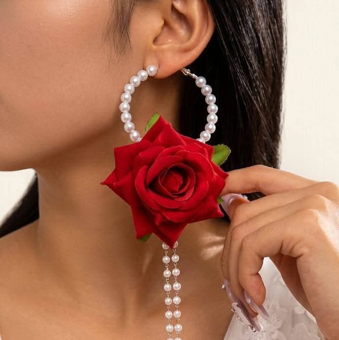 The Romantic Red Rose & Pearl Hoop Earrings