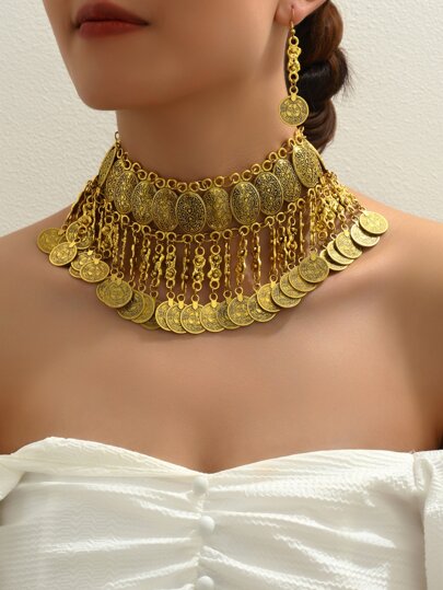 1 Stylish Retro Multi-Pendant Coin Necklace For Women 1 Pair Of Retro Coin Earrings