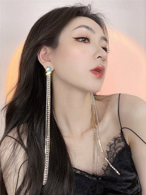 Shiny Teardrop Rhinestone Super Long Tassel Dangle Earrings, Luxury Crystal Drop Wedding Jewelry for Women, Elegant Statement Accessories