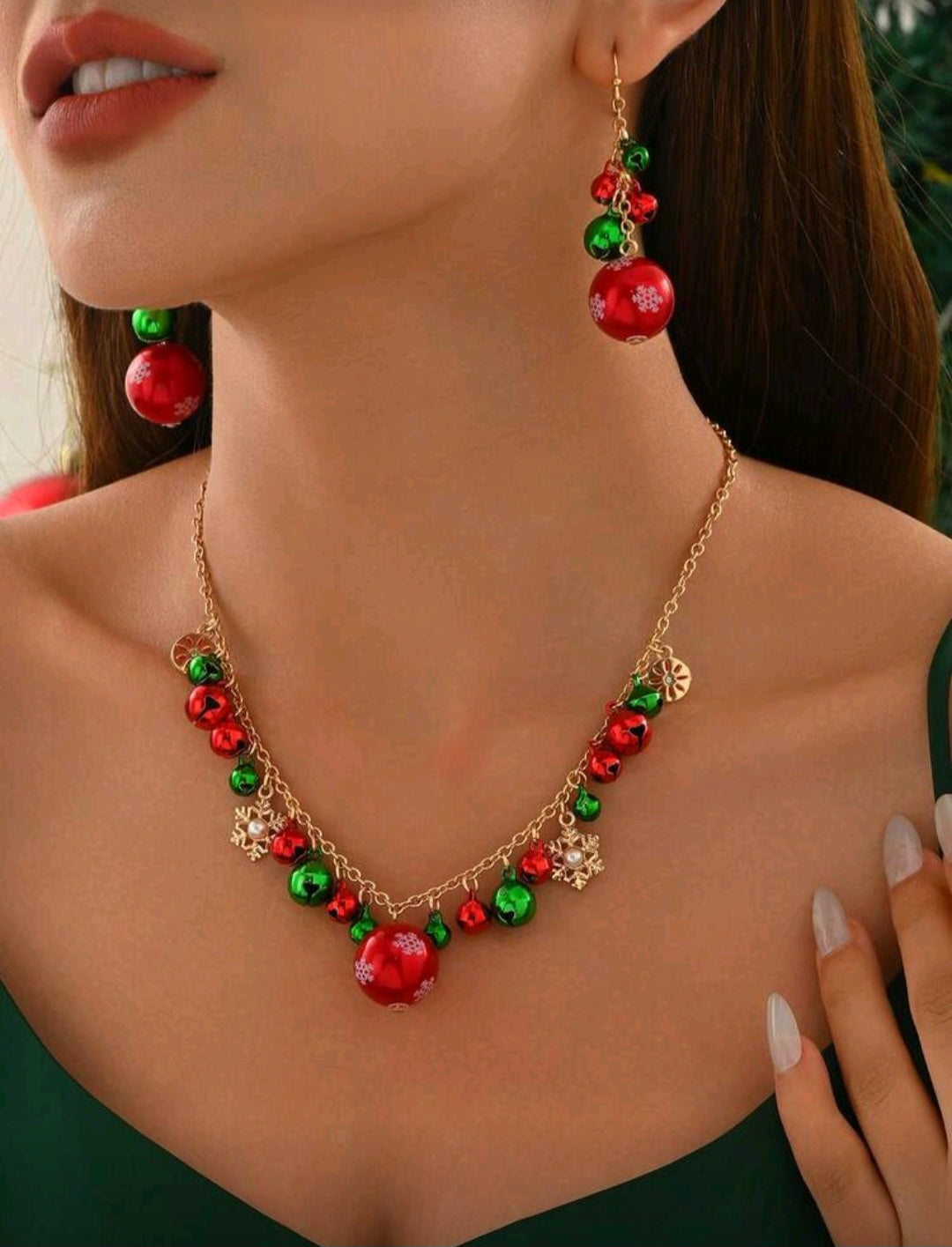 2pcs/Set Christmas Earrings + Necklace Jewelry Set For Women, Classic Party Jingle Bell Snowflake Geometric Beaded Pendant Design, Versatile For Daily Wear, Party, Christmas Gift