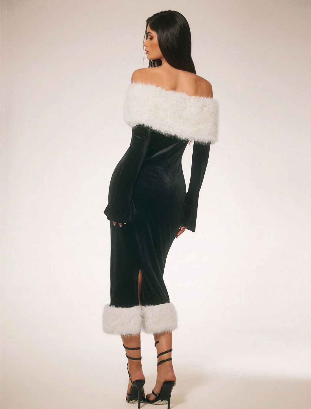 SHEIN SURIMA Women’s Furry Patchwork Long Sleeve Off-Shoulder Casual Midi Dress FFF6A