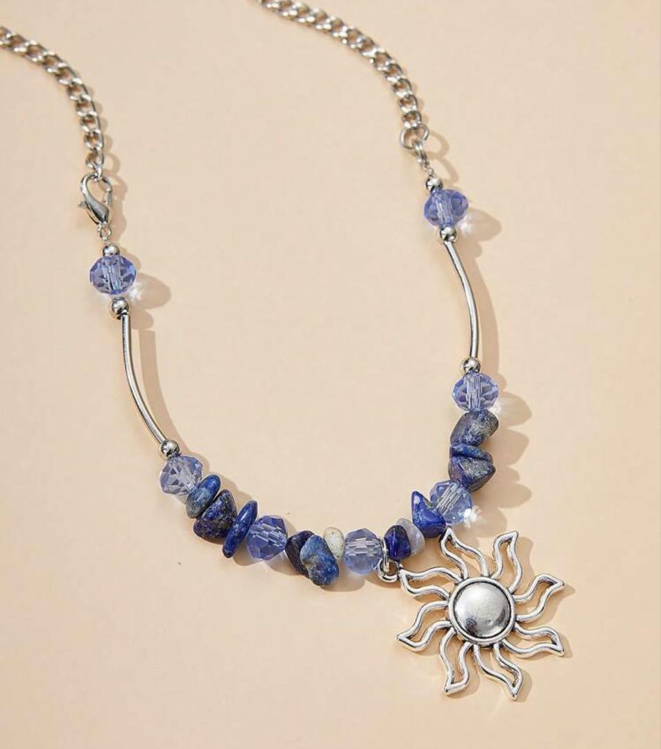 Blue Boho Sun and Stone Silver Necklace