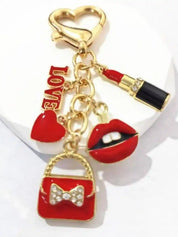 Kiss Charm Red Lipstick Chic Keychain for Women Stylish Fashion Purse Charm with Love Heart Lips & Bag Key Ring