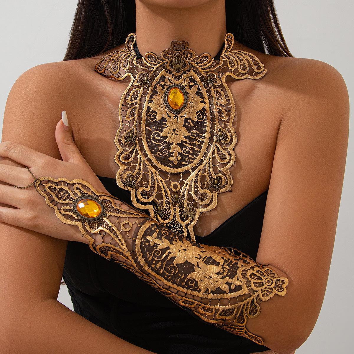 Retro Lace Necklace with Irregular Gemstone Inlays