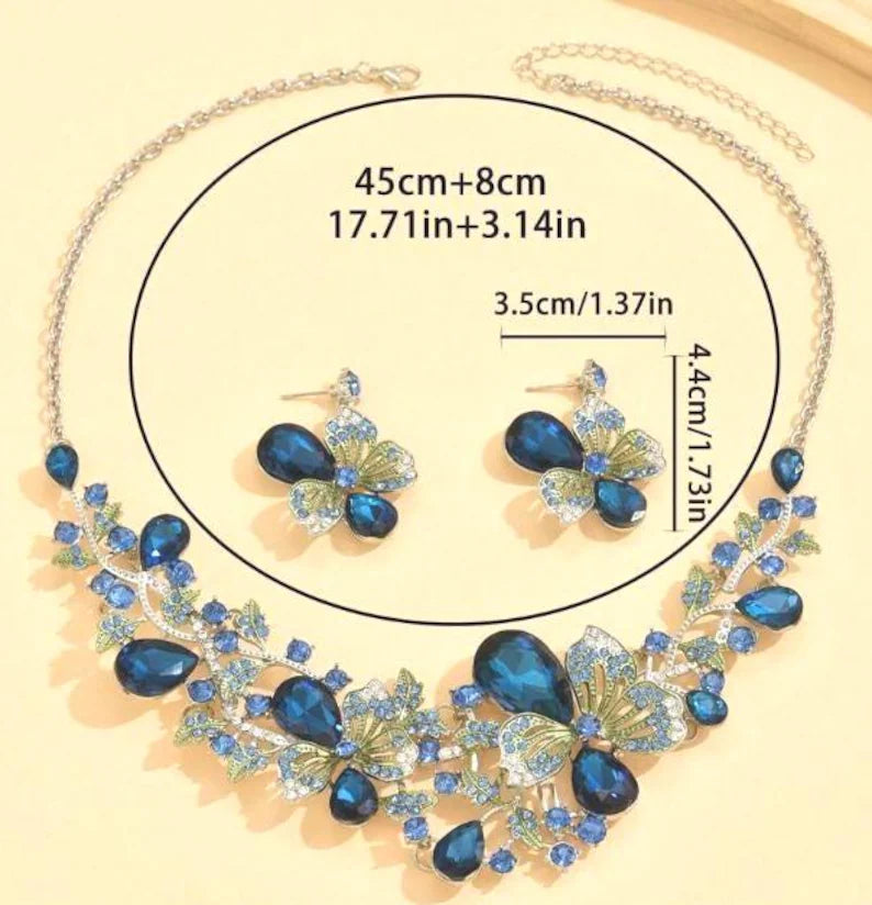 Jewelry set: 3-piece necklace, lake blue floral design, rhinestones, evening party accessories, bridal jewelry.